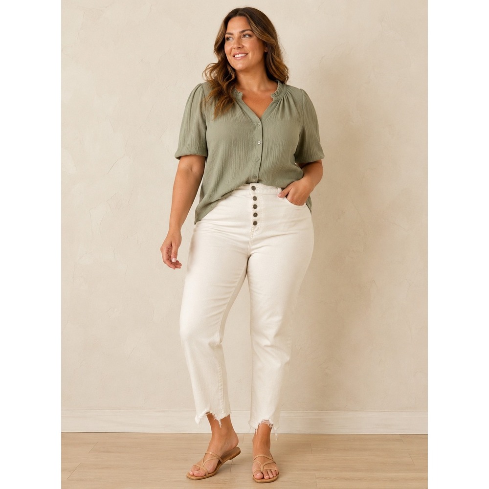C EST. 1946 Ab Solution White Button Fly Raw Hem Crop Jeans Size 14